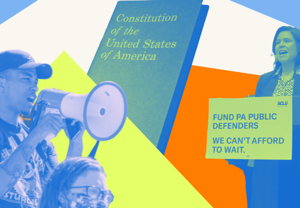 A collage of neon yellow, blue and orange justice and advocacy photos. One reads, "Fund PA Public Defenders. We can't afford to wait."