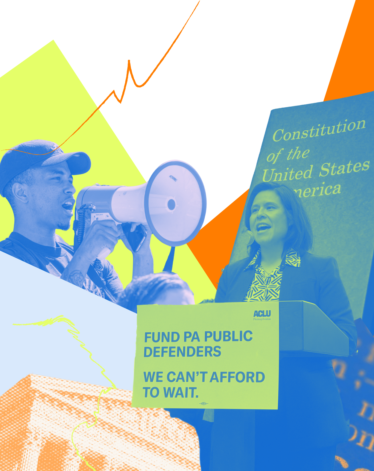 A collage of neon yellow, blue and orange justice and advocacy photos. One reads, "Fund PA Public Defenders. We can't afford to wait."