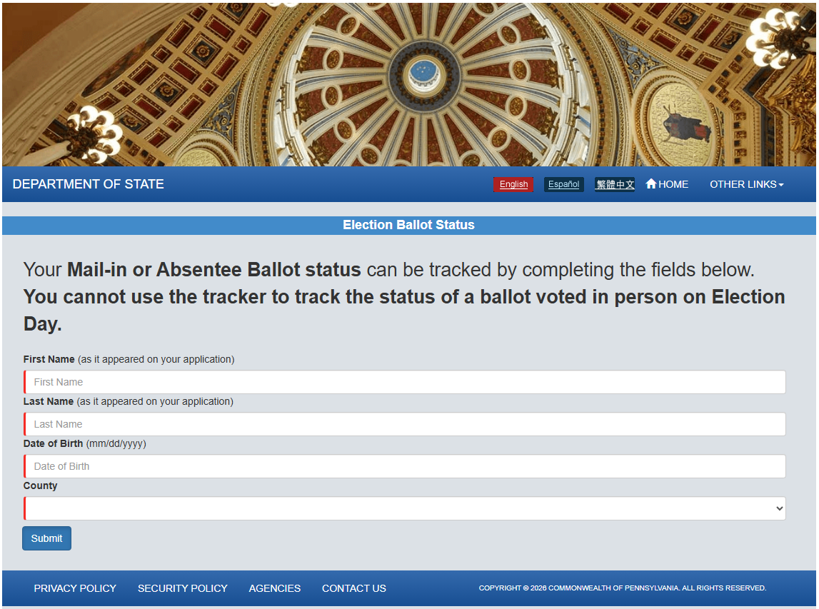 Screenshot of ballot tracking page