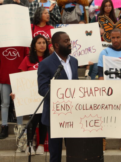 ACLU-PA's Alex Domingos speaks at a rally