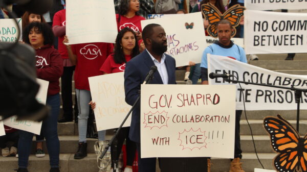 ACLU-PA's Alex Domingos speaks at a rally