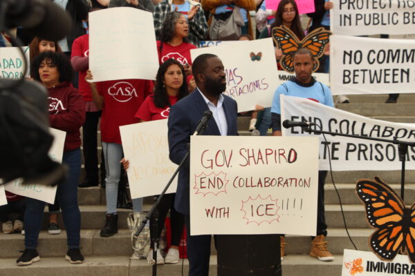 ACLU-PA's Alex Domingos speaks at a rally