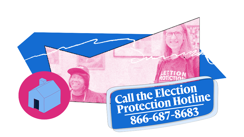 A graphic with two women, one white with gray hair and an Election Protection hotline shirt. The other woman, a Black woman sits in the foreground with black hair and a hat.
