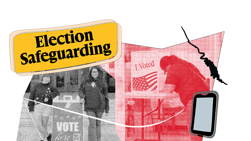 A graphic with various people: one is woman at a voting poll station and the other is two young women in front of a vote sign.