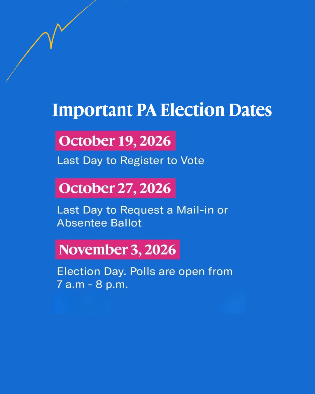 A blue graphic that list important election dates, reading: Dates and Deadlines Monday, October 19, 2026: Last day to register to vote Tuesday, October 27, 2026: Last day to apply for a mail-in or civilian absentee ballot Tuesday, November 3, 2026 is the General Election. Polls are open on Election Day from 7 A.M. - 8 P.M. Completed mail-in ballots must be received by your county election office by 8 p.m. on Election Day. Postmarked is not enough.