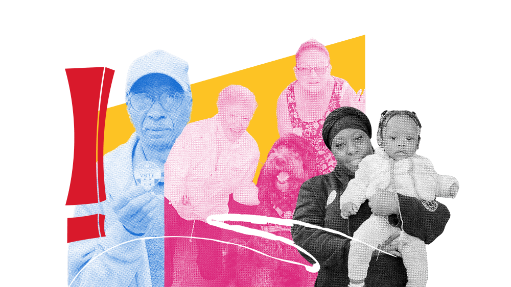 A graphic with various people: an older Black man with hat, a group of older white women with a dog, and a young Black woman holding a baby girl.