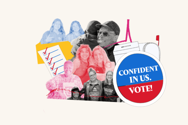Two women pointing to voting stickers on their shirt on a red and blue background with images of a mailbox, ballot box, and a sticker that says, "Confident in us. vote!"