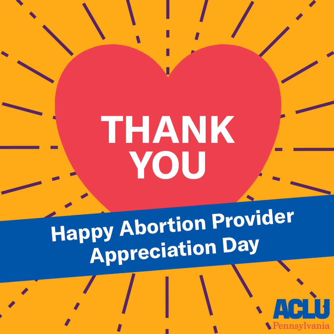 Red heart on orange background. Text on heart reads Thank you and below the heart is a blue rectangle with white text: Happy Abortion Provider Appreciation Day
