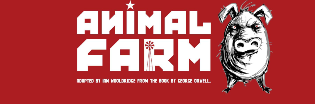 An illustration of a pig on a red background with text that says, "Animal Farm". 