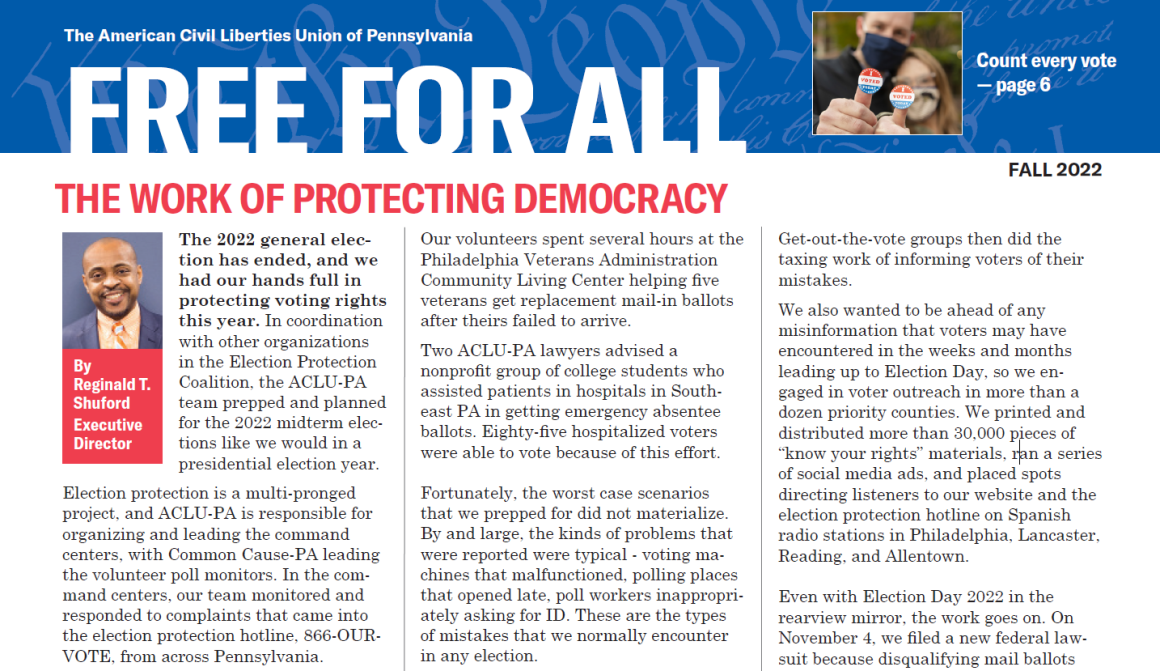 A screenshot of the Free for All Newsletter produced by the ACLU-PA