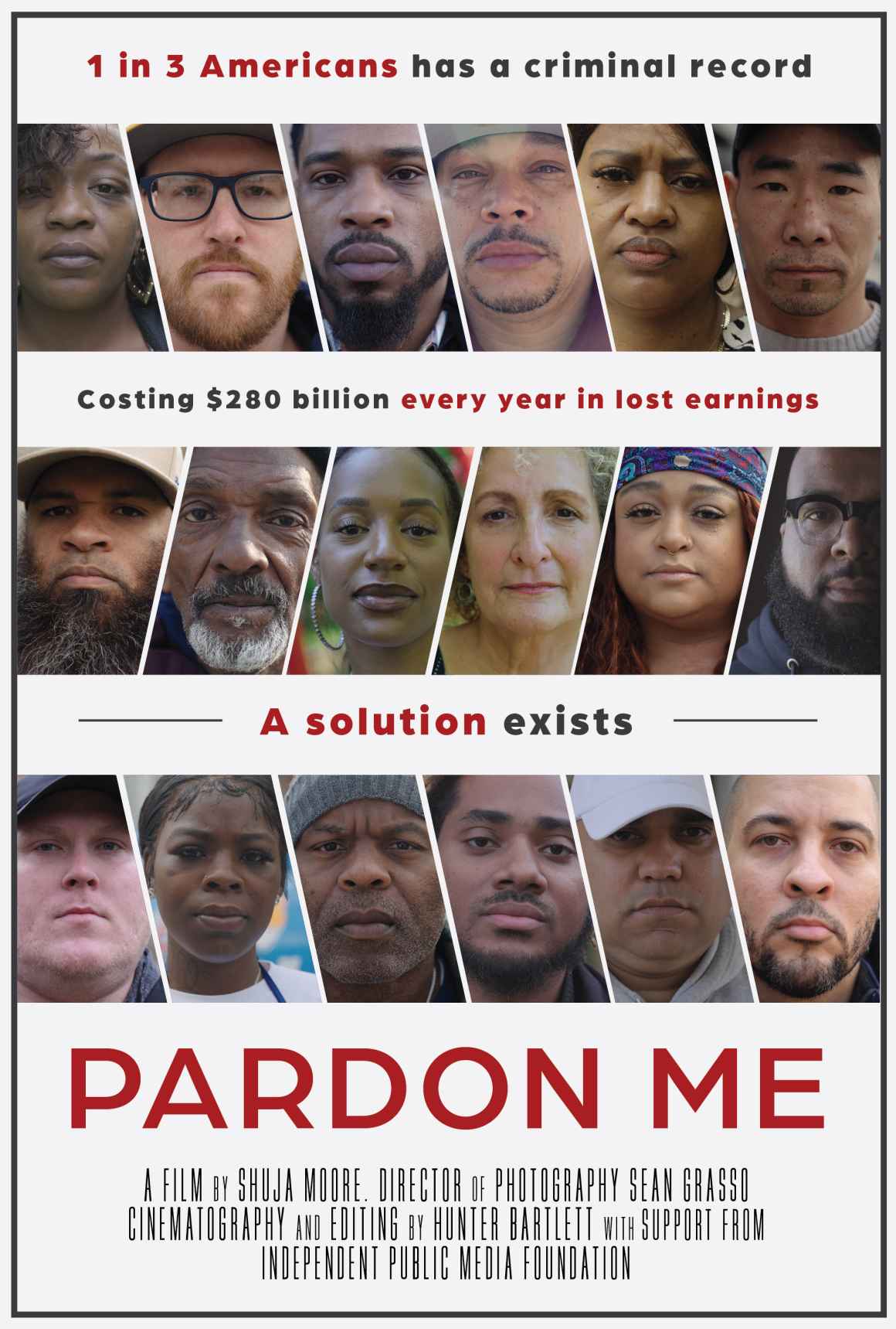 A series of faces looking at a camera on a documentary poster. 