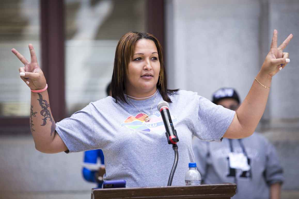 Naiymah Sanchez speaks outside City Hall in Philadelphia in 2017.