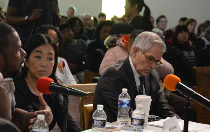 Helen Gym and Larry Krasner at a hearing