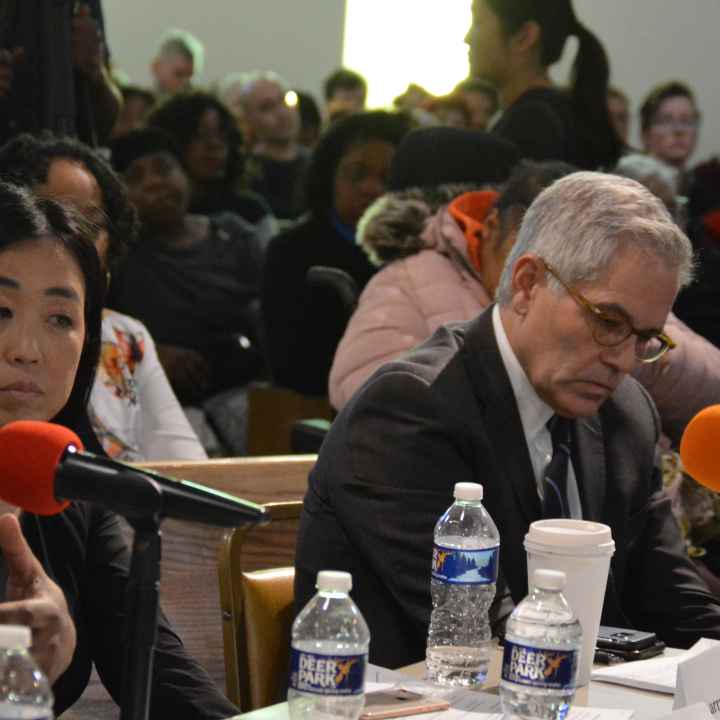 Helen Gym and Larry Krasner at a hearing