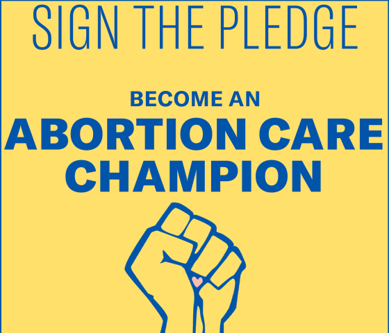 Graphic of a raised fist and text that reads: 'Sign the pledge. Become an Abortion Care Champion. ACLU of Pennsylvania.'